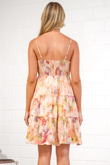 Cosmos Mini Dress - Beaded-Strap Tiered Dress in Celosia Print
