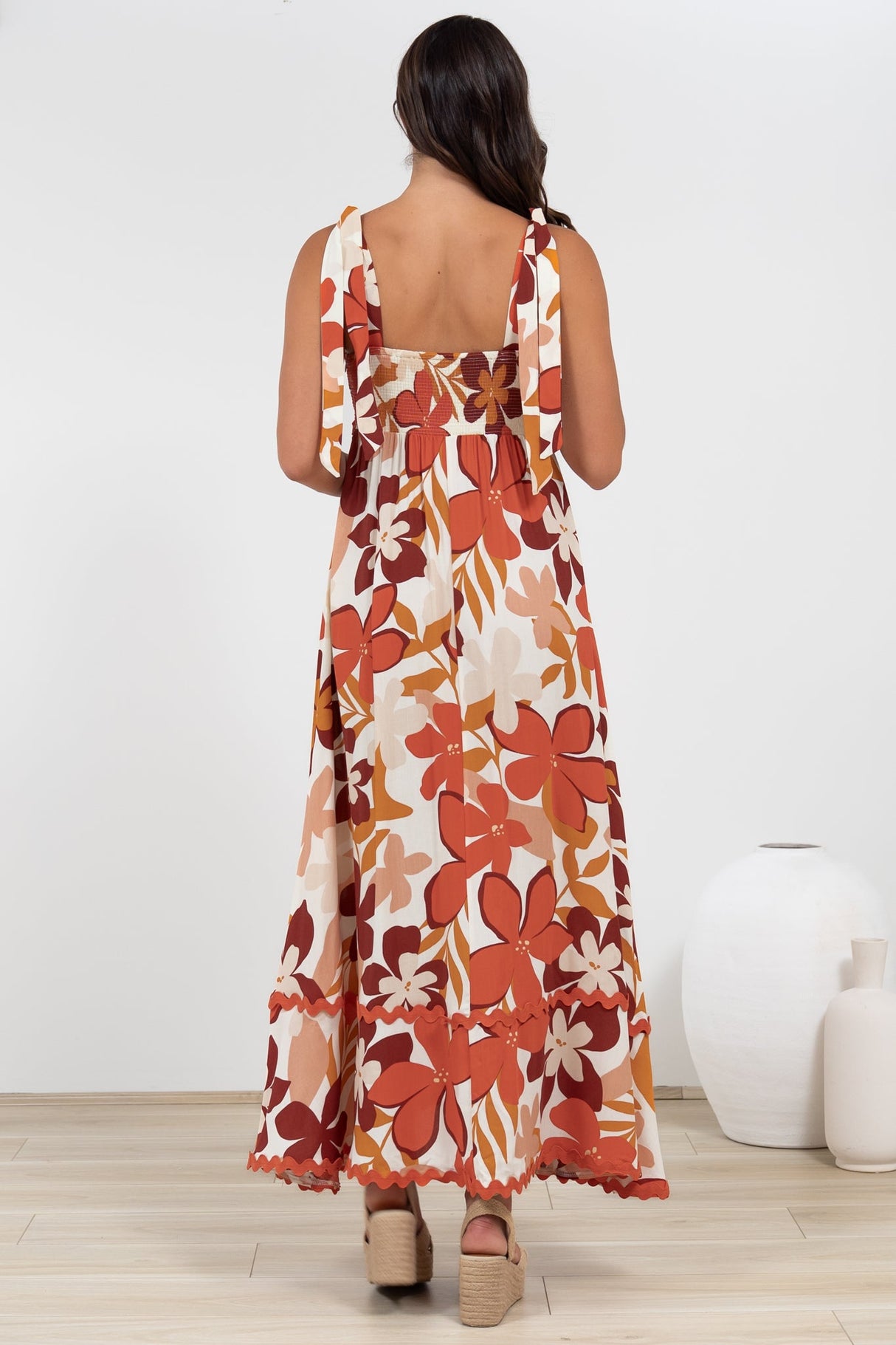 Costa Maxi Dress - Tie Up Strap Tiered Dress with Ric Rac Splicing in Tangie Print