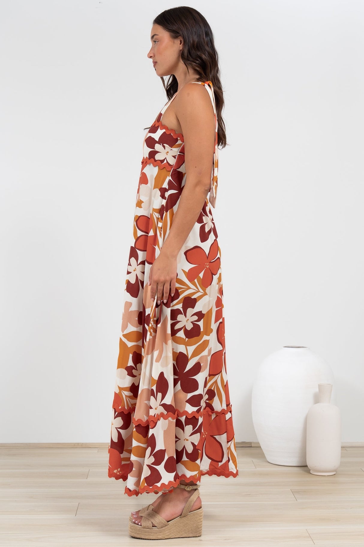 Costa Maxi Dress - Tie Up Strap Tiered Dress with Ric Rac Splicing in Tangie Print
