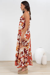 Costa Maxi Dress - Tie Up Strap Tiered Dress with Ric Rac Splicing in Tangie Print
