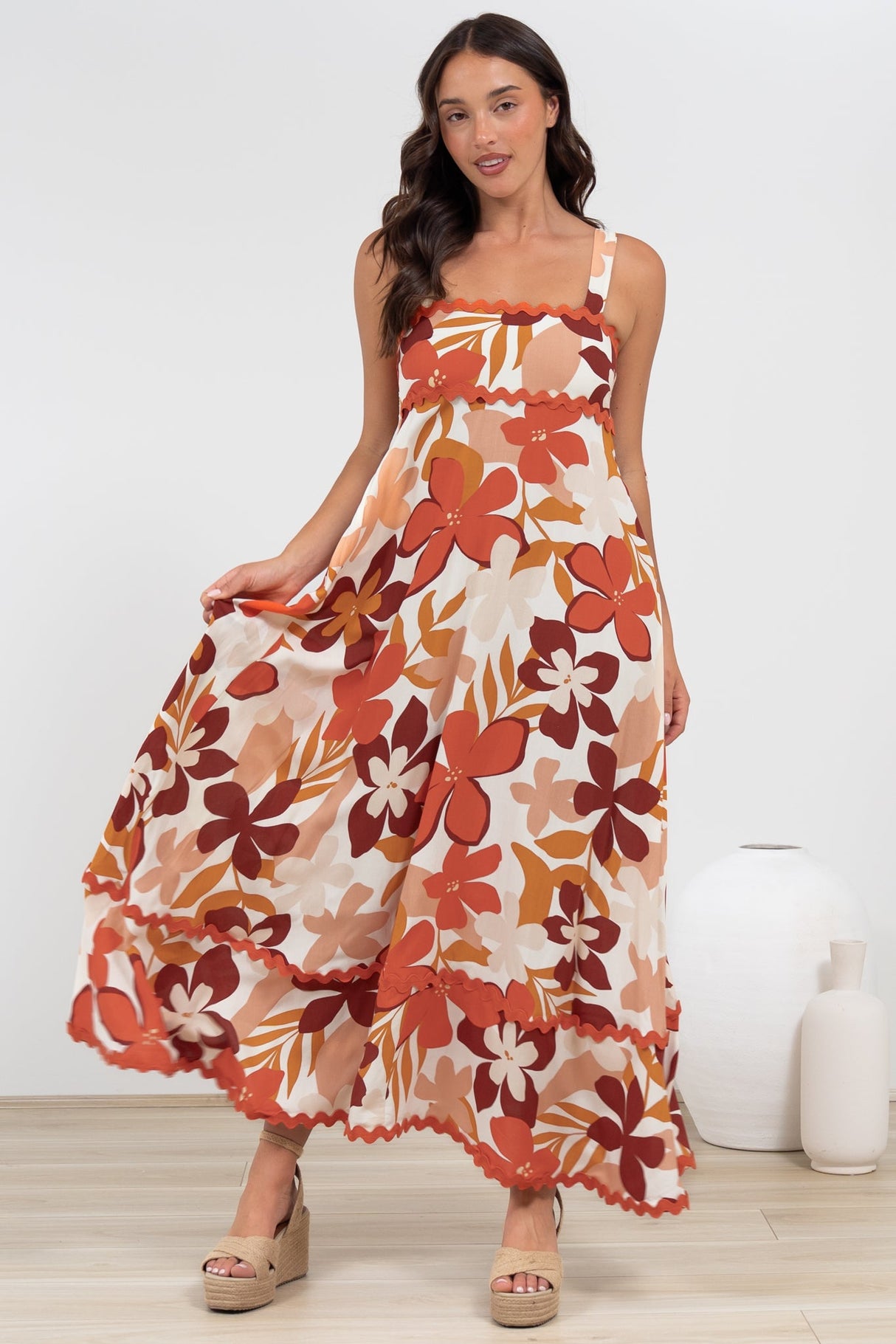 Costa Maxi Dress - Tie Up Strap Tiered Dress with Ric Rac Splicing in Tangie Print