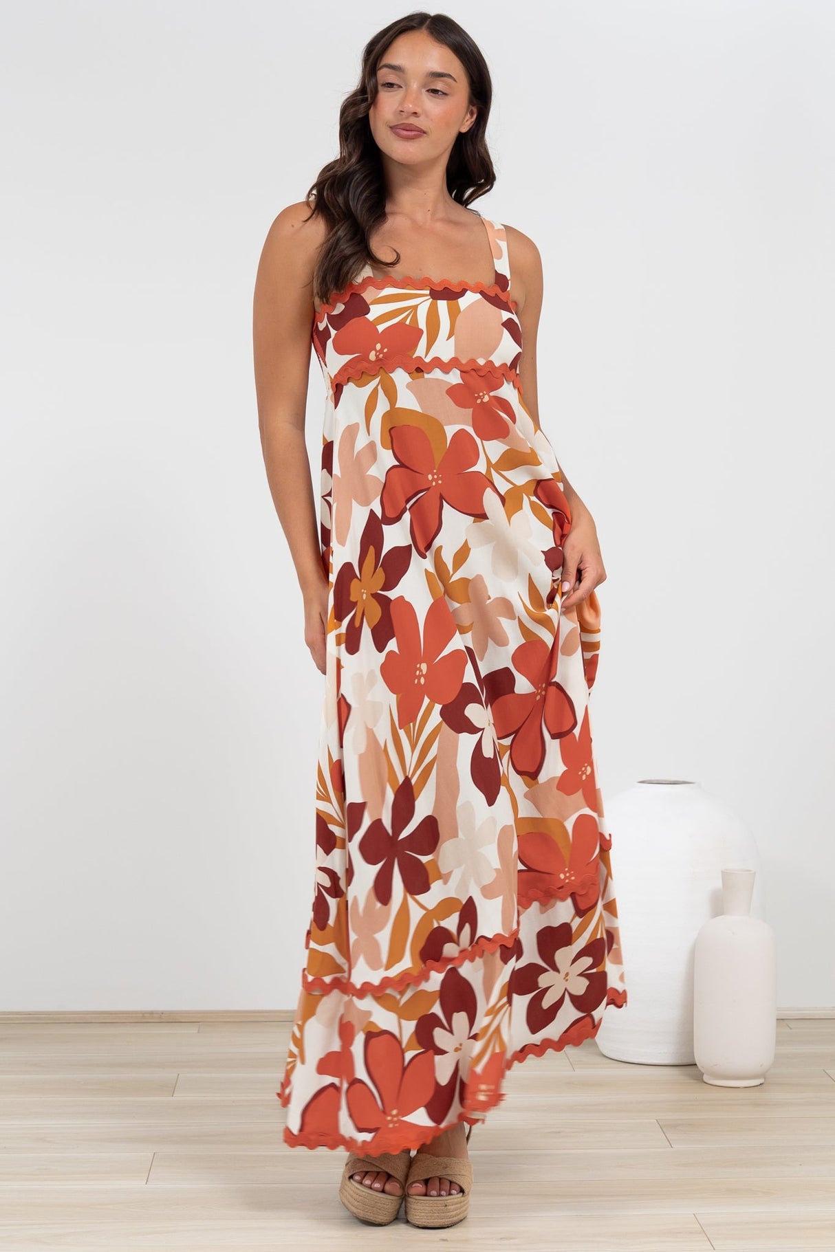 Costa Maxi Dress - Tie Up Strap Tiered Dress with Ric Rac Splicing in Tangie Print