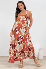 Costa Maxi Dress - Tie Up Strap Tiered Dress with Ric Rac Splicing in Tangie Print