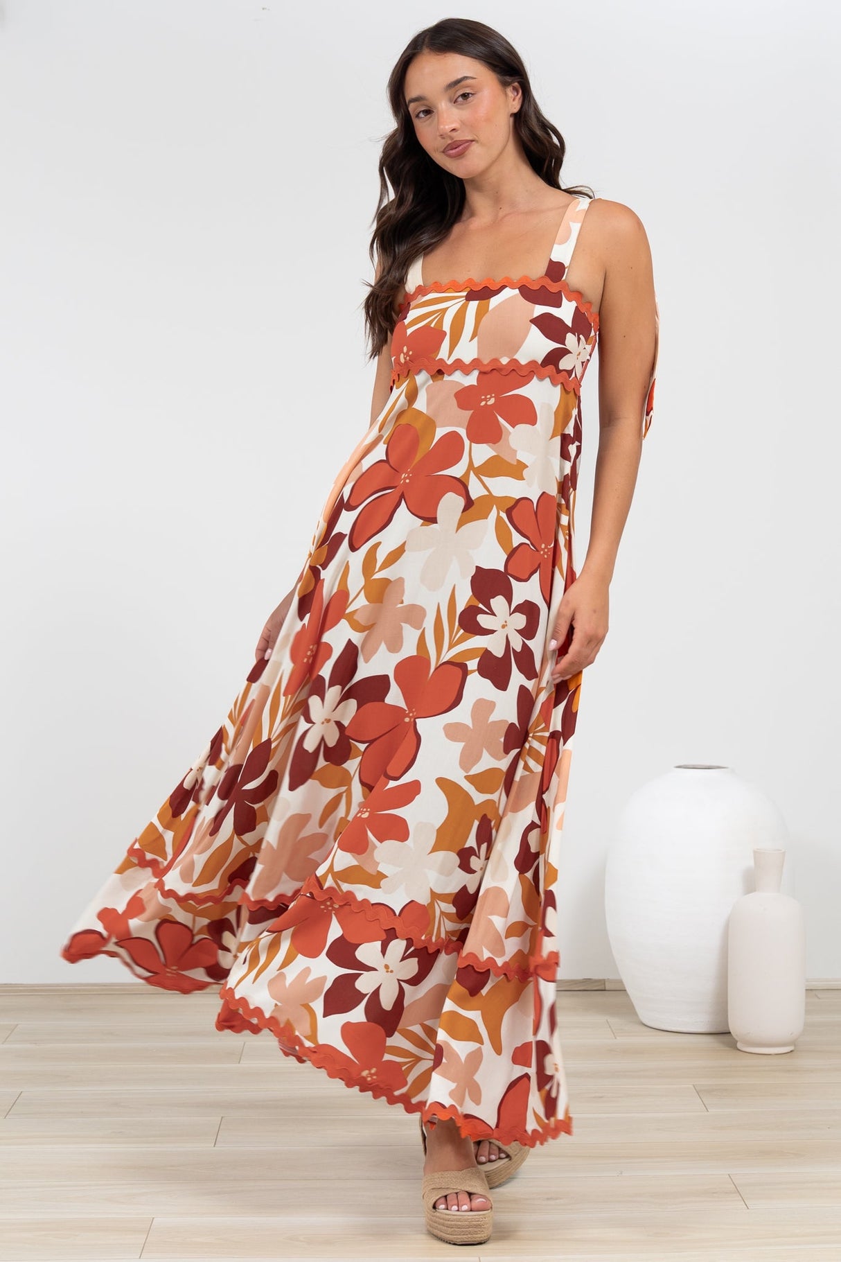 Costa Maxi Dress - Tie Up Strap Tiered Dress with Ric Rac Splicing in Tangie Print