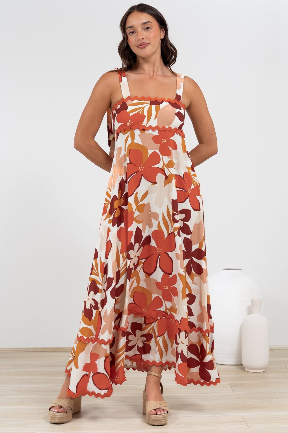 Costa Maxi Dress - Tie Up Strap Tiered Dress with Ric Rac Splicing in Tangie Print