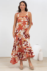Costa Maxi Dress - Tie Up Strap Tiered Dress with Ric Rac Splicing in Tangie Print