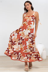 Costa Maxi Dress - Tie Up Strap Tiered Dress with Ric Rac Splicing in Tangie Print