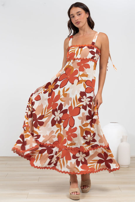 Costa Maxi Dress - Tie Up Strap Tiered Dress with Ric Rac Splicing in Tangie Print