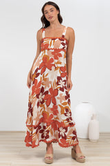 Costa Maxi Dress - Tie Up Strap Tiered Dress with Ric Rac Splicing in Tangie Print