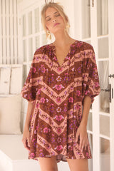 JAASE - Cove Mini Dress: Relaxed V Neck Smock Dress in Savanna Print