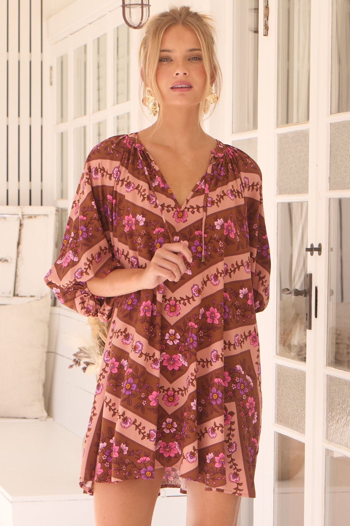 JAASE - Cove Mini Dress: Relaxed V Neck Smock Dress in Savanna Print