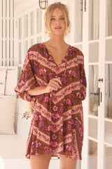 Cove Mini Dress - Relaxed V Neck Smock Dress in Savanna Print