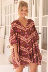 JAASE - Cove Mini Dress: Relaxed V Neck Smock Dress in Savanna Print