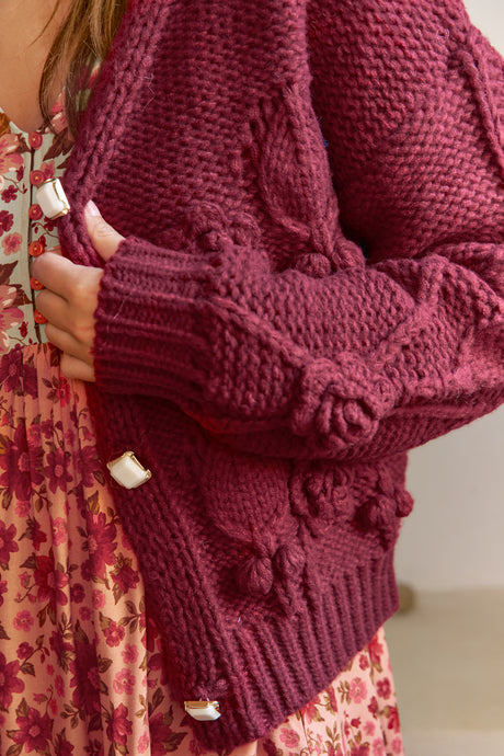 JAASE - Cozy Knit: Floral Motif Chunky Knit Cardigan with Vintage Inspired Buttons in Maroon