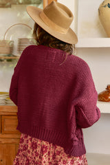 JAASE - Cozy Knit: Floral Motif Chunky Knit Cardigan with Vintage Inspired Buttons in Maroon