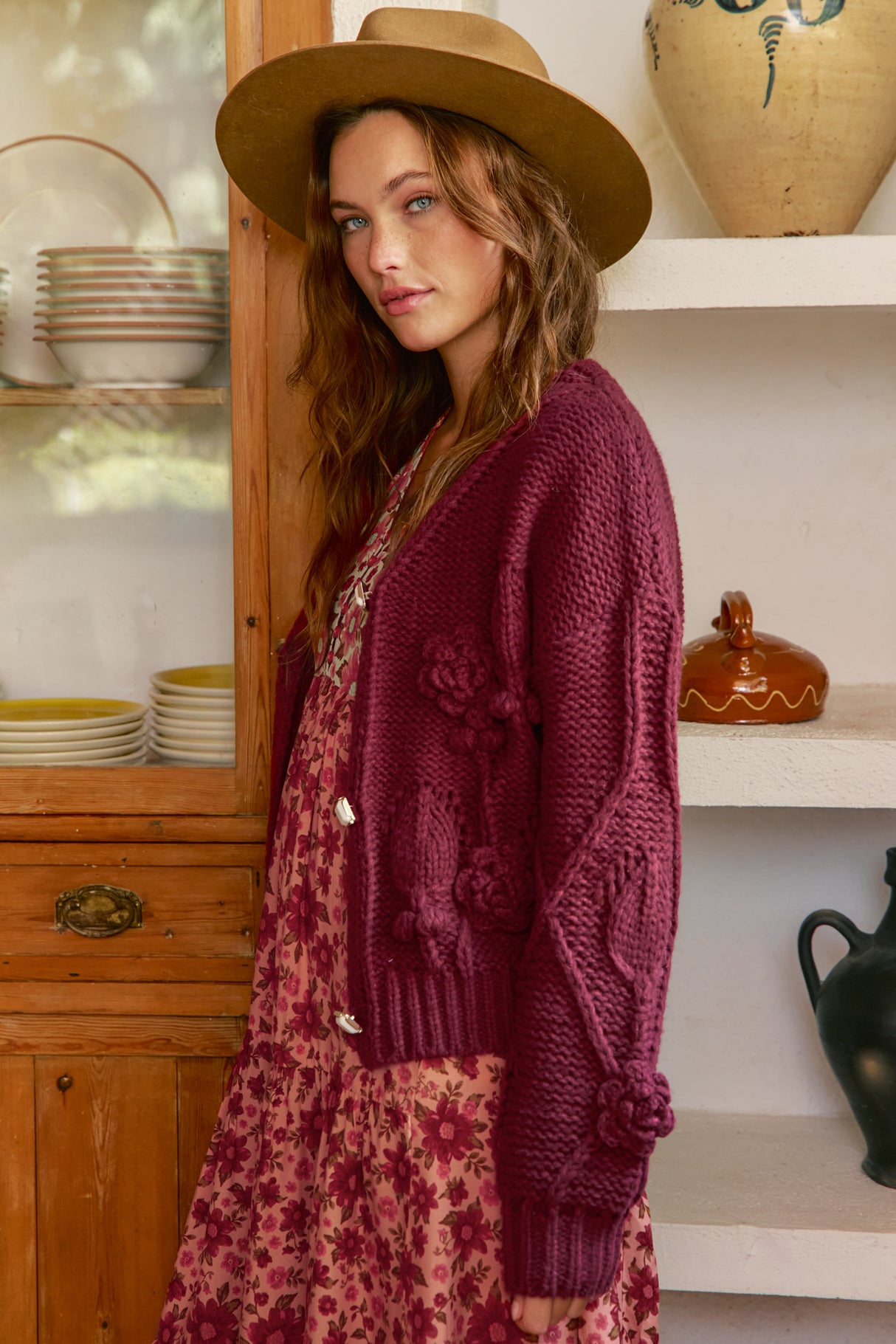 JAASE - Cozy Knit: Floral Motif Chunky Knit Cardigan with Vintage Inspired Buttons in Maroon