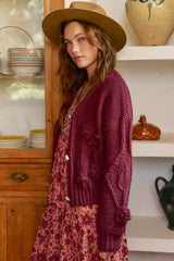 JAASE - Cozy Knit: Floral Motif Chunky Knit Cardigan with Vintage Inspired Buttons in Maroon