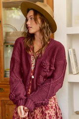 JAASE - Cozy Knit: Floral Motif Chunky Knit Cardigan with Vintage Inspired Buttons in Maroon