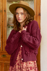 JAASE - Cozy Knit: Floral Motif Chunky Knit Cardigan with Vintage Inspired Buttons in Maroon