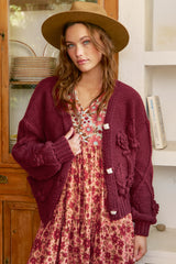 JAASE - Cozy Knit: Floral Motif Chunky Knit Cardigan with Vintage Inspired Buttons in Maroon