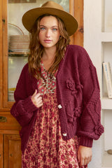 JAASE - Cozy Knit: Floral Motif Chunky Knit Cardigan with Vintage Inspired Buttons in Maroon