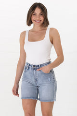 Creed Denim Shorts - Distressed Highwaisted Shorts in Medium Wash Denim