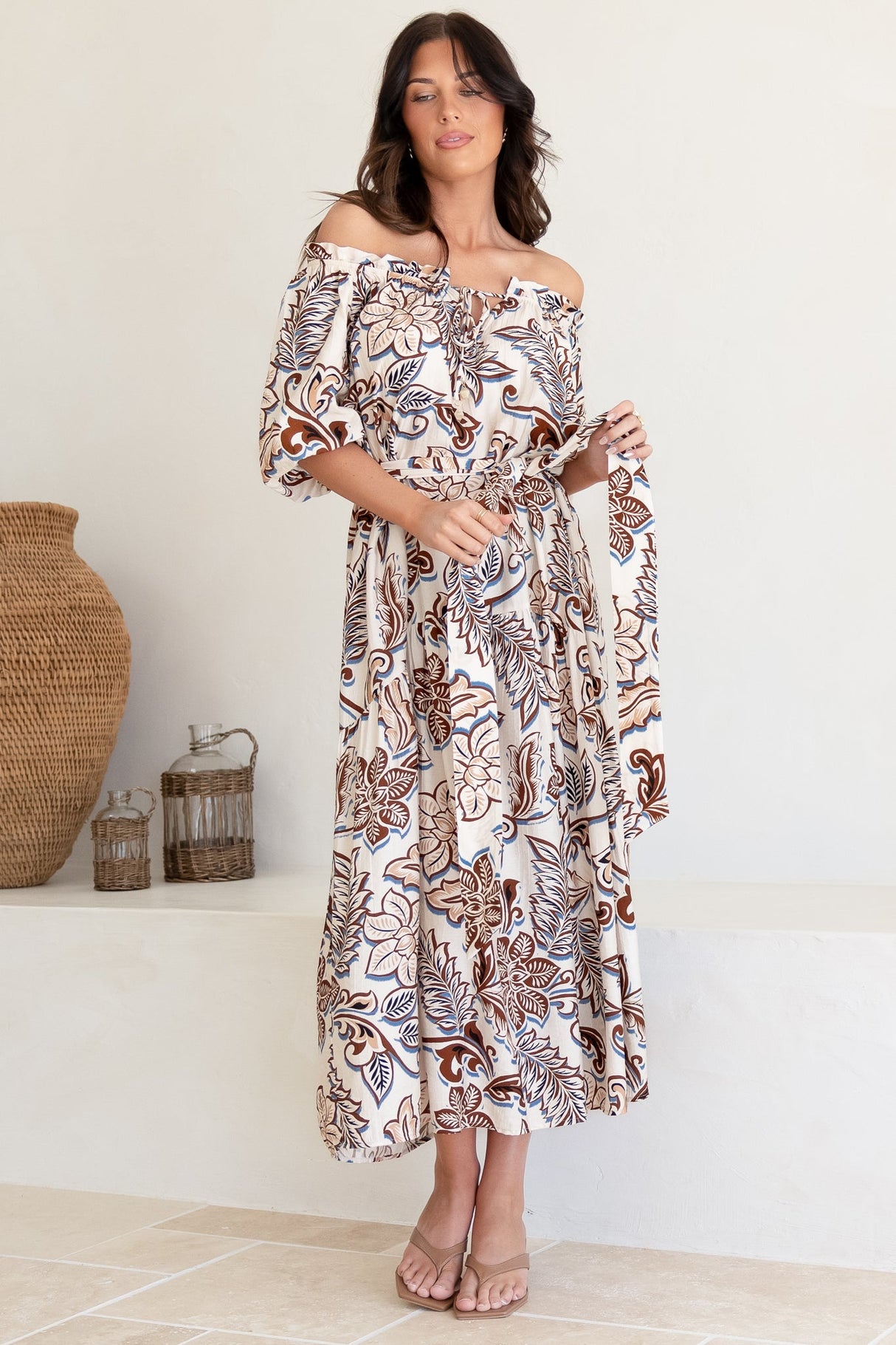 Criselda Maxi Dress - On or Off Shoulder Ballon Sleeve Dress in Palermo Print