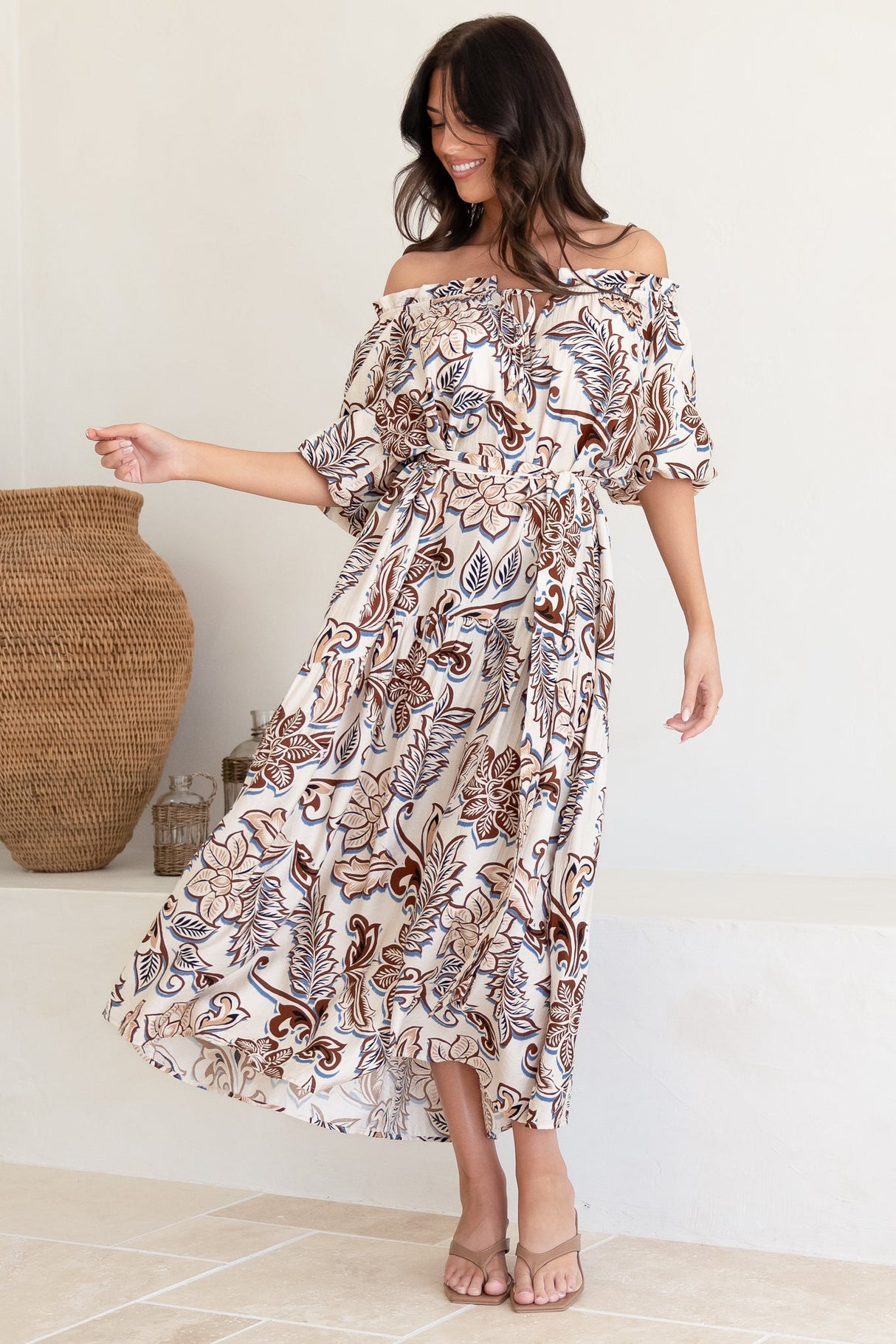 Criselda Maxi Dress - On or Off Shoulder Ballon Sleeve Dress in Palermo Print