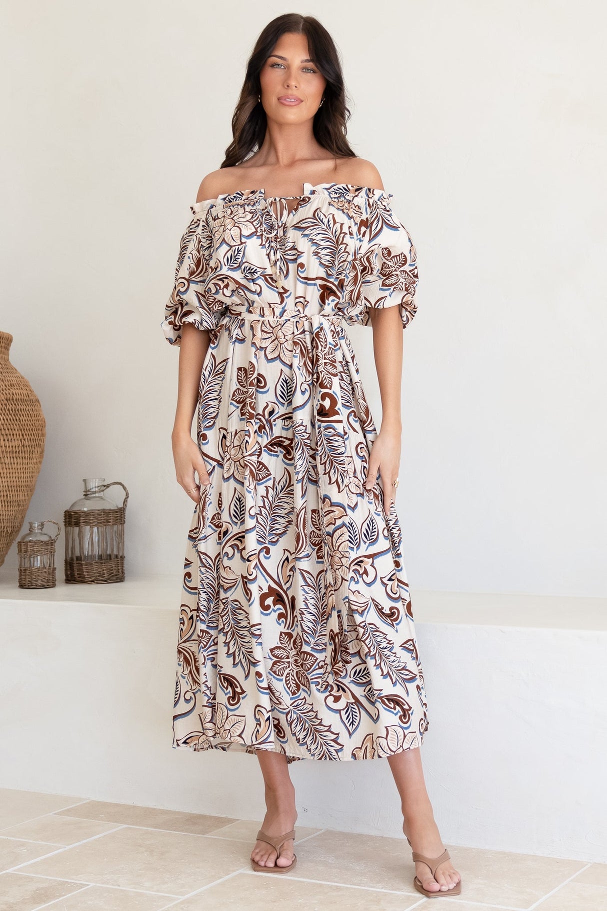 Criselda Maxi Dress - On or Off Shoulder Ballon Sleeve Dress in Palermo Print