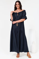 Cristina Maxi Dress - On or Off Shoulder Tiered Shift Dress with Neck Tie Detail in Navy