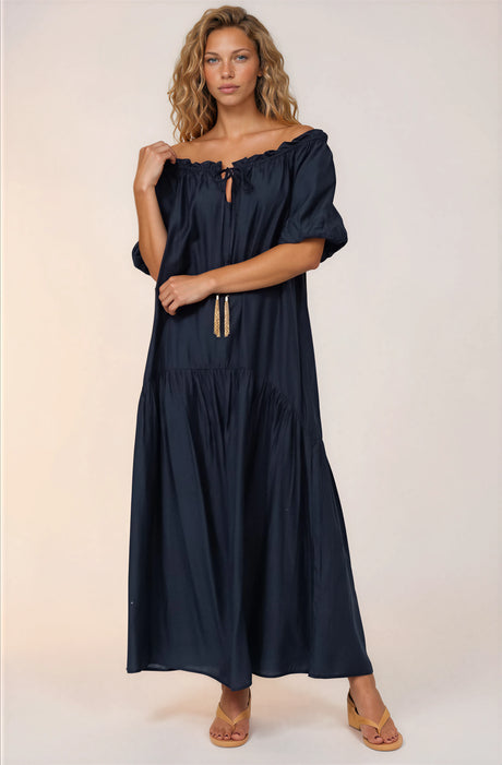 Cristina Maxi Dress - On or Off Shoulder Tiered Shift Dress with Neck Tie Detail in Navy