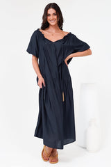 Cristina Maxi Dress - On or Off Shoulder Tiered Shift Dress with Neck Tie Detail in Navy