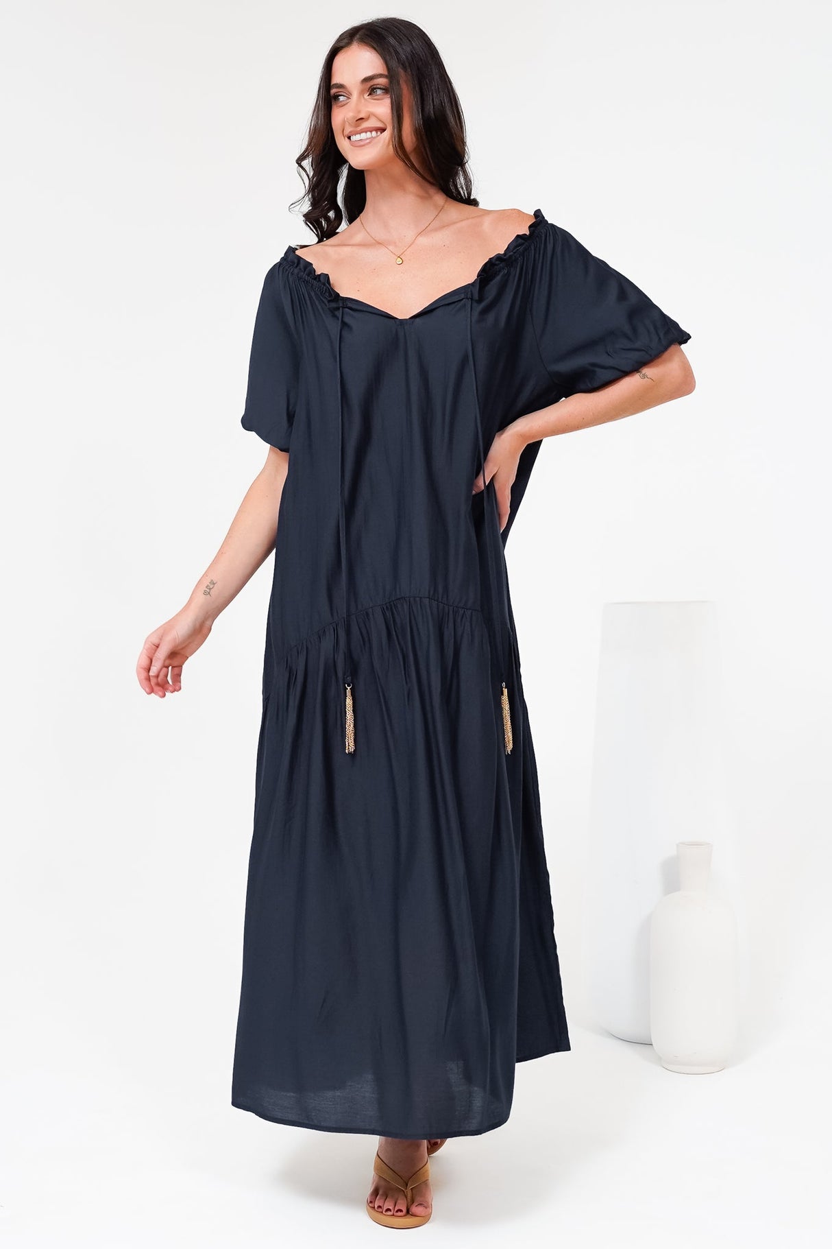 Cristina Maxi Dress - On or Off Shoulder Tiered Shift Dress with Neck Tie Detail in Navy