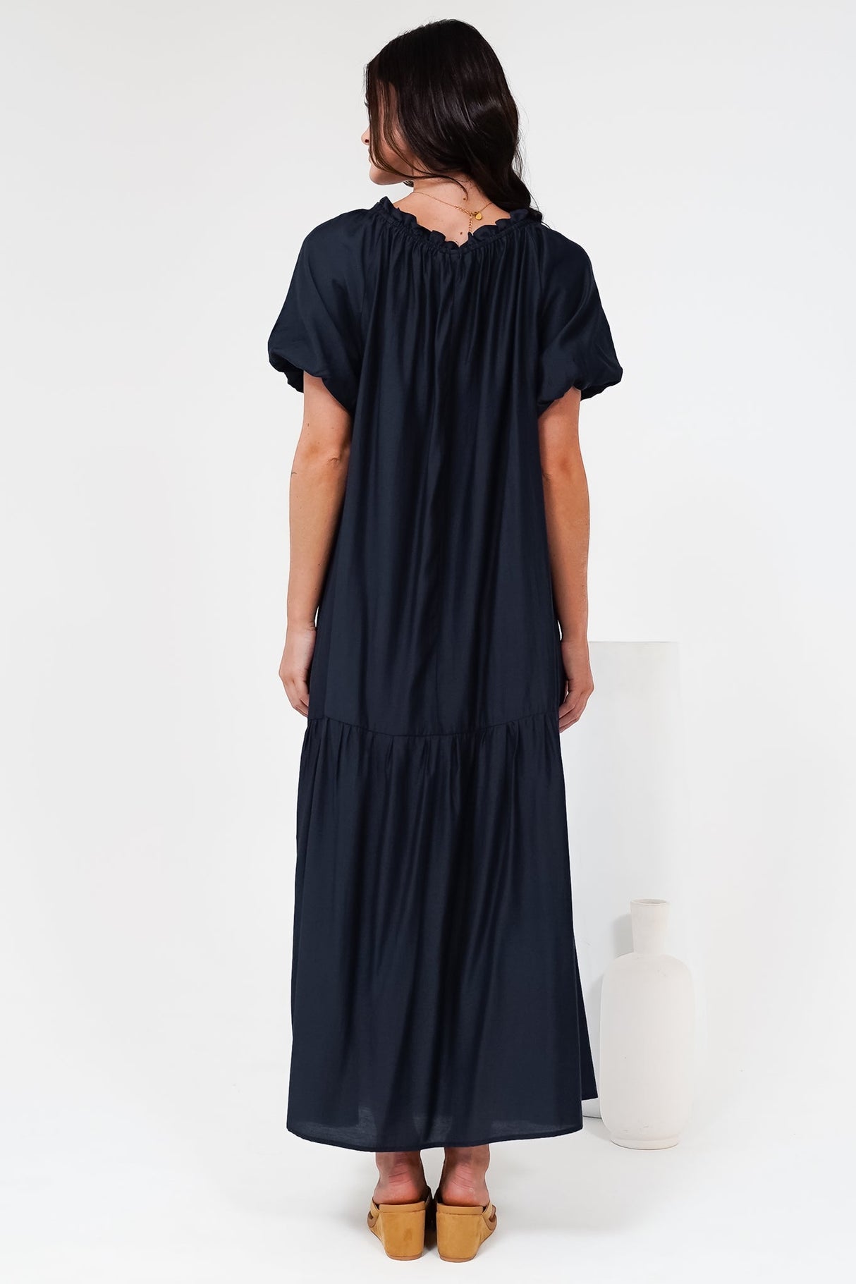 Cristina Maxi Dress - On or Off Shoulder Tiered Shift Dress with Neck Tie Detail in Navy