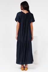 Cristina Maxi Dress - On or Off Shoulder Tiered Shift Dress with Neck Tie Detail in Navy
