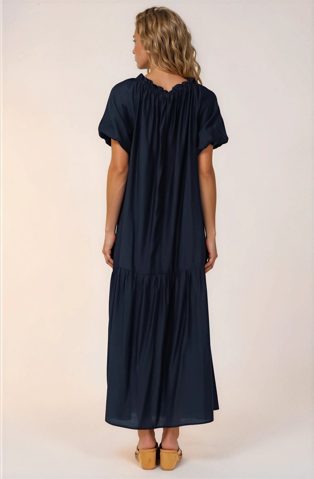 Cristina Maxi Dress - On or Off Shoulder Tiered Shift Dress with Neck Tie Detail in Navy