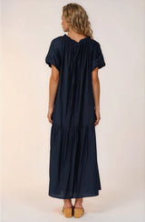 Cristina Maxi Dress - On or Off Shoulder Tiered Shift Dress with Neck Tie Detail in Navy