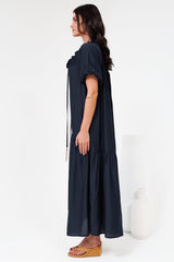Cristina Maxi Dress - On or Off Shoulder Tiered Shift Dress with Neck Tie Detail in Navy