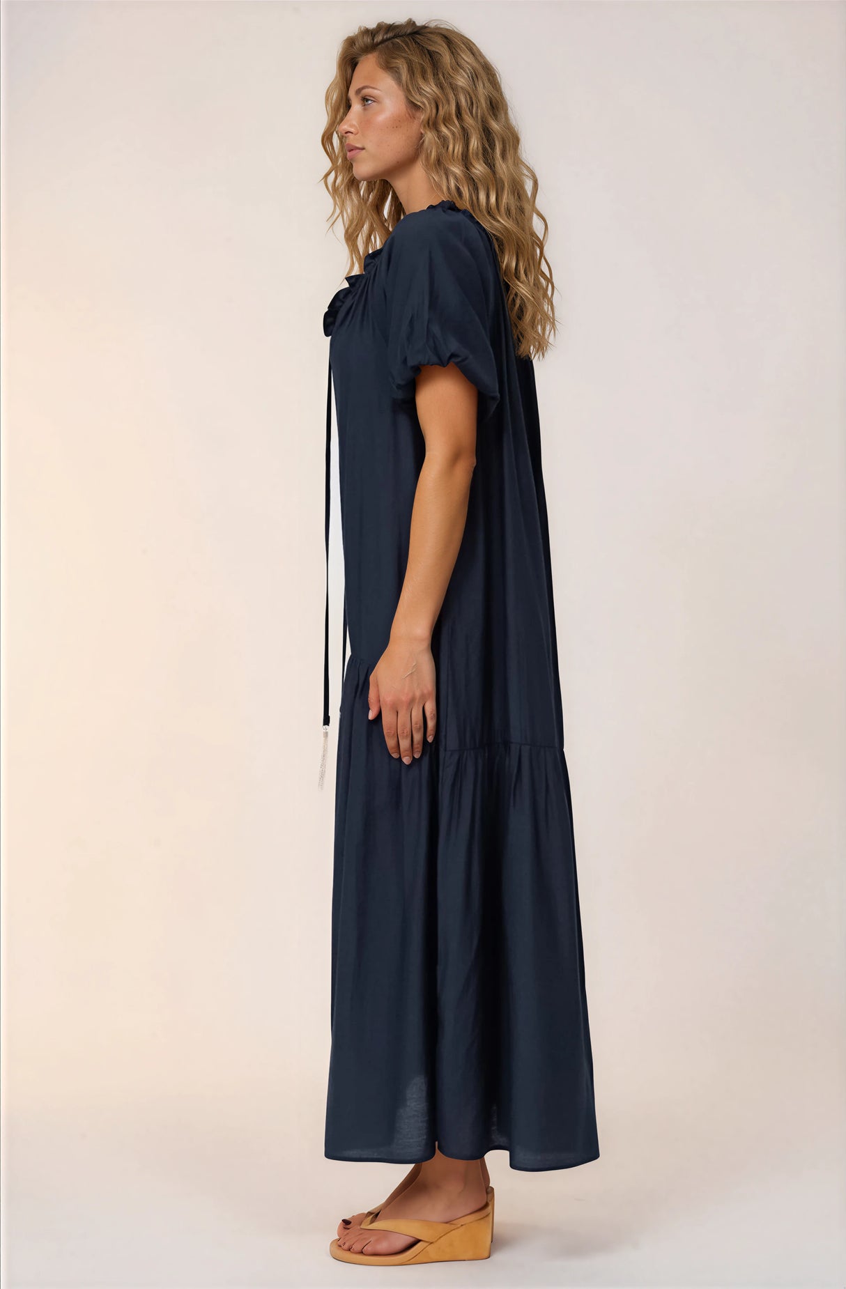 Cristina Maxi Dress - On or Off Shoulder Tiered Shift Dress with Neck Tie Detail in Navy