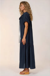 Cristina Maxi Dress - On or Off Shoulder Tiered Shift Dress with Neck Tie Detail in Navy