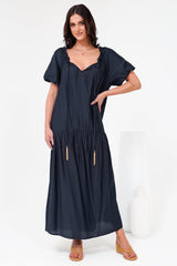 Cristina Maxi Dress - On or Off Shoulder Tiered Shift Dress with Neck Tie Detail in Navy