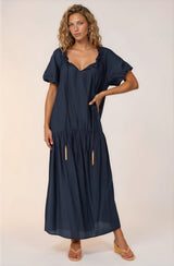 Cristina Maxi Dress - On or Off Shoulder Tiered Shift Dress with Neck Tie Detail in Navy