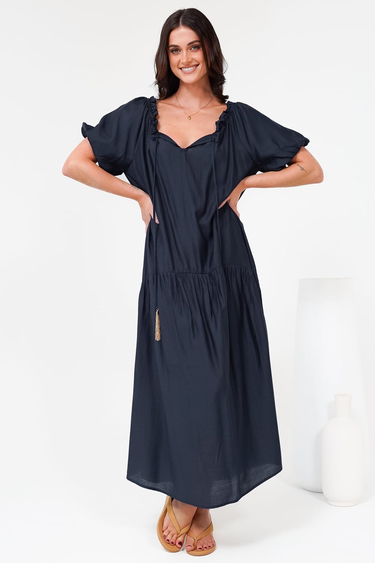 Cristina Maxi Dress - On or Off Shoulder Tiered Shift Dress with Neck Tie Detail in Navy