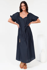 Cristina Maxi Dress - On or Off Shoulder Tiered Shift Dress with Neck Tie Detail in Navy