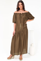 Cristina Maxi Dress - On or Off Shoulder Tiered Shift Dress with Neck Tie Detail in Tan