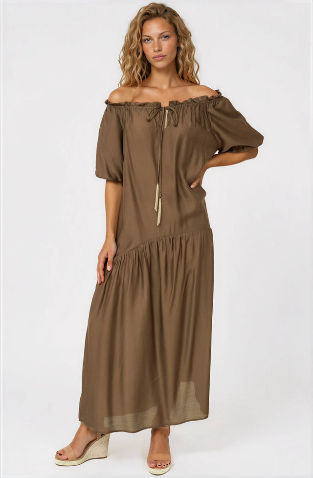 Model wearing Cristina Maxi Dress in Tan from Salty Crush