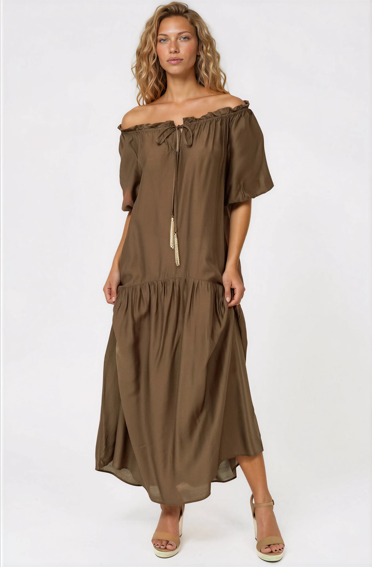 Cristina Maxi Dress - On or Off Shoulder Tiered Shift Dress with Neck Tie Detail in Tan
