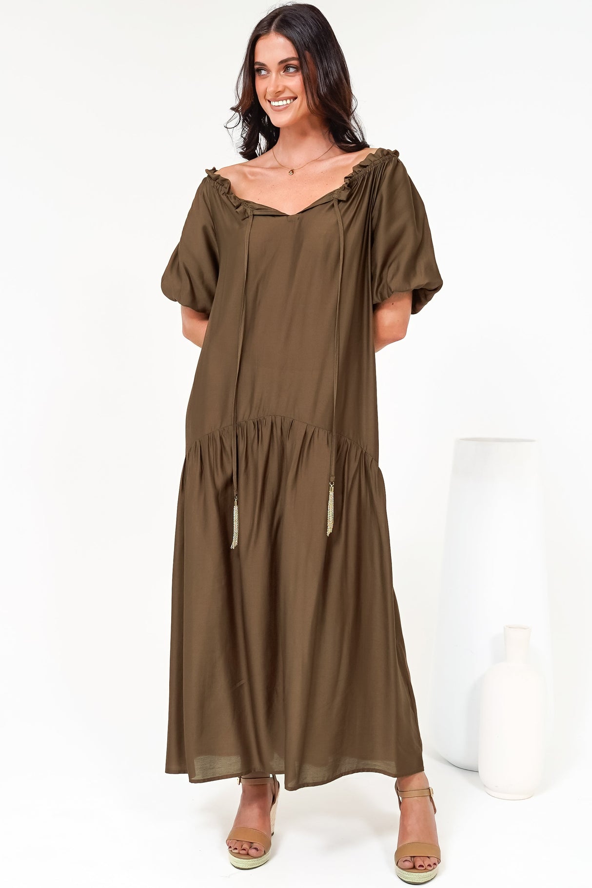 Cristina Maxi Dress - On or Off Shoulder Tiered Shift Dress with Neck Tie Detail in Tan