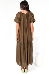 Cristina Maxi Dress - On or Off Shoulder Tiered Shift Dress with Neck Tie Detail in Tan