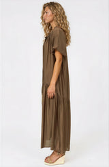 Cristina Maxi Dress - On or Off Shoulder Tiered Shift Dress with Neck Tie Detail in Tan